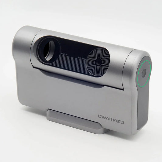 Smart telescope Dwarf 3 by DWARFLAB with dual lenses for wide-angle and telephoto capabilities, showcasing a sleek, compact design.