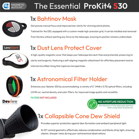 ProKit 4 for Seestar S30 Telescope: Bahtinov Mask, LensGuard, Dewiew Dew Shield, 2" Filter Holder