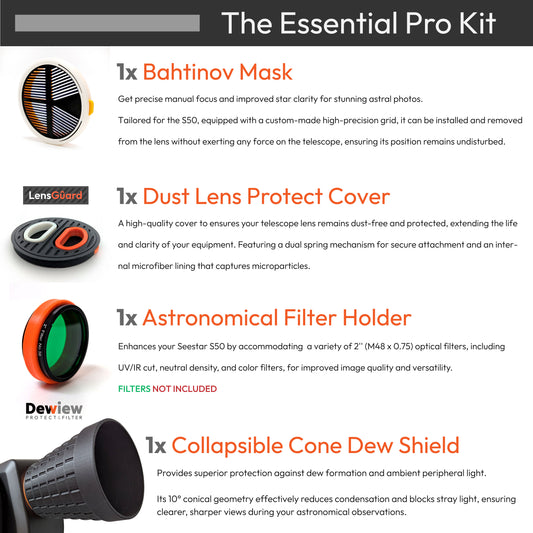 Essential ProKit Accessories for Seestar S50 including Bahtinov Mask, Dust Cover, and Filter Holder