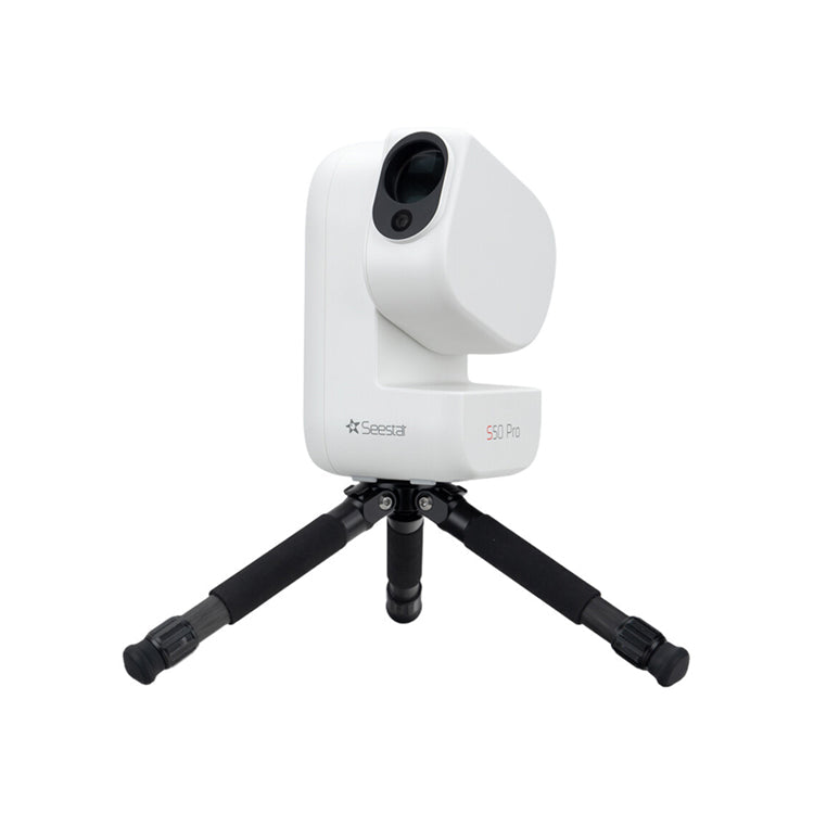 Seestar S50 Pro smart telescope on tripod, three-quarter front view
