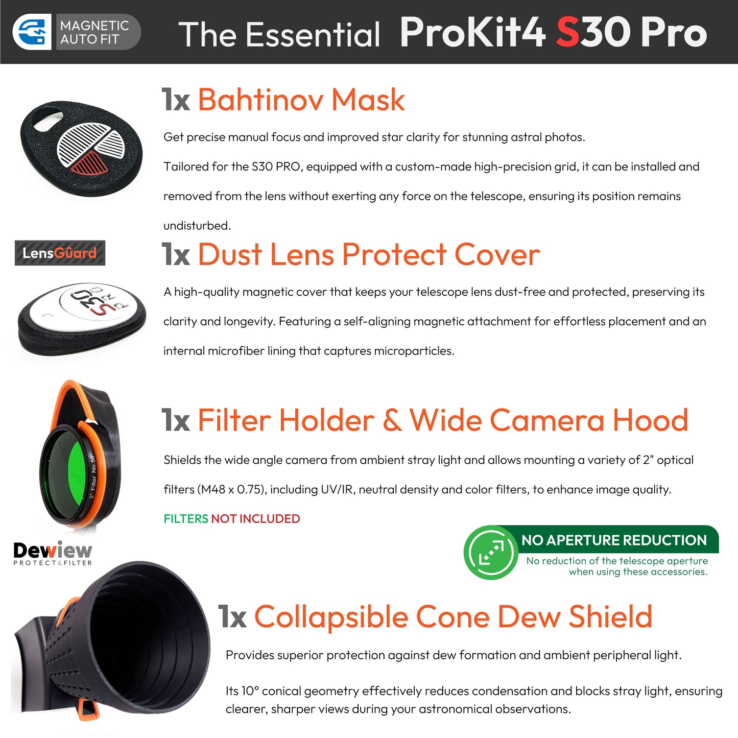 ProKit 4 for Seestar S30 PRO Telescope: Bahtinov Mask, LensGuard, Dewiew Dew Shield, 2" Filter Holder
