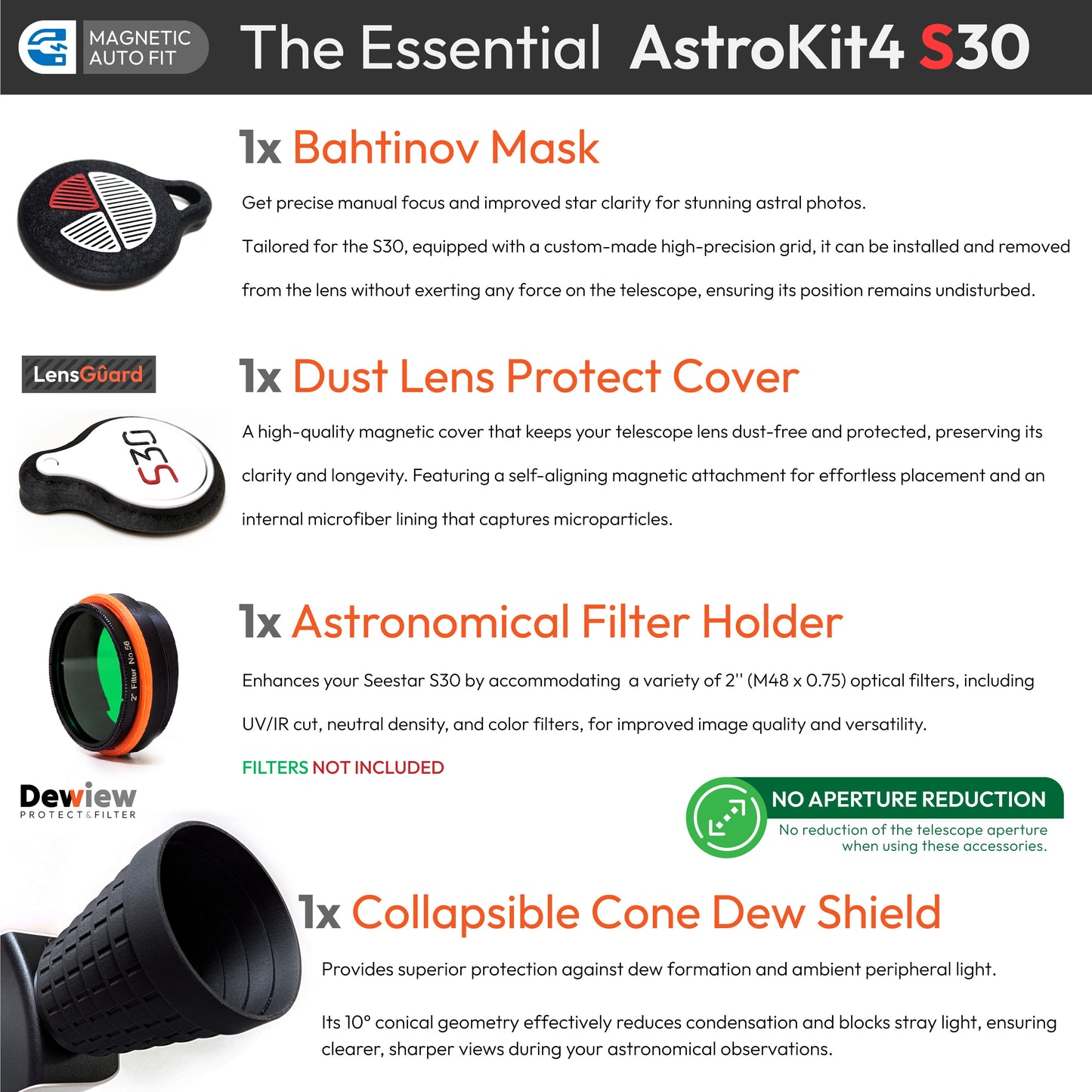 AstroKit 4 for Seestar S30 Telescope: Bahtinov Mask, LensGuard, Dewiew Dew Shield, 2" Filter Holder