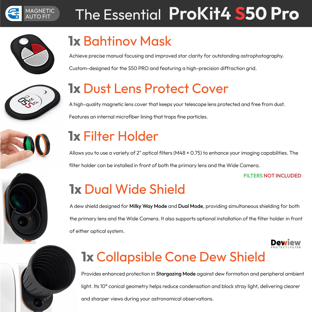 ProKit 4 for Seestar S50 PRO Telescope: Bahtinov Mask, LensGuard, Dewiew Dew Shield, 2" Filter Holder