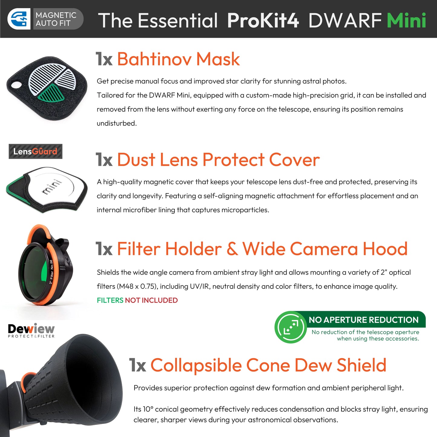 ProKit 4 for DWARF Mini Telescope: Bahtinov Mask, LensGuard, Dewiew Dew Shield, 2" Filter Holder