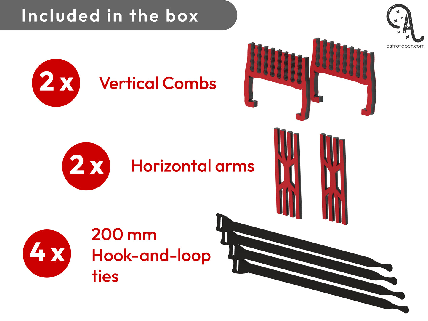 Contents of the StarTidy Cable Management Kit for ASIAir Pro, including vertical combs, horizontal arms, and hook-and-loop ties.