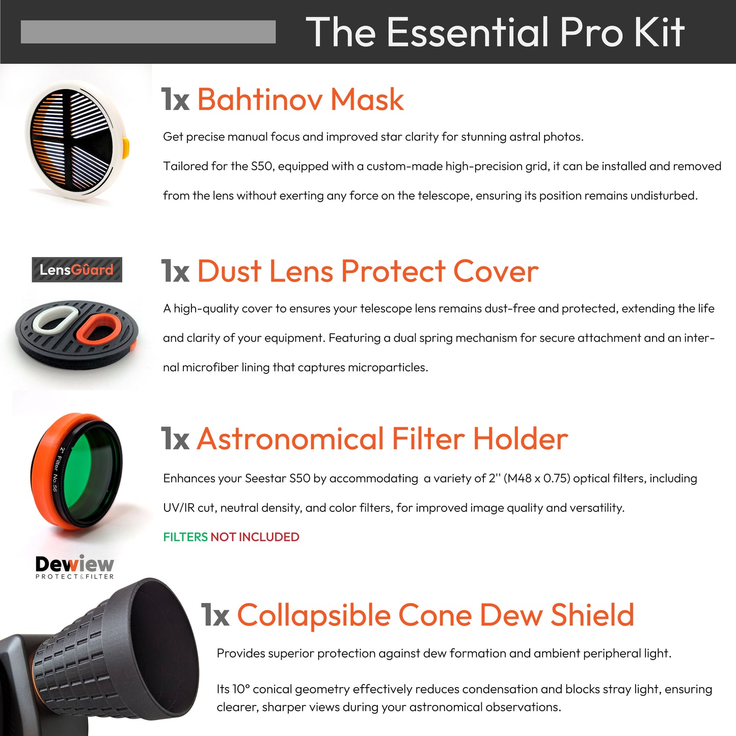 Essential ProKit Accessories for Seestar S50 including Bahtinov Mask, Dust Cover, and Filter Holder