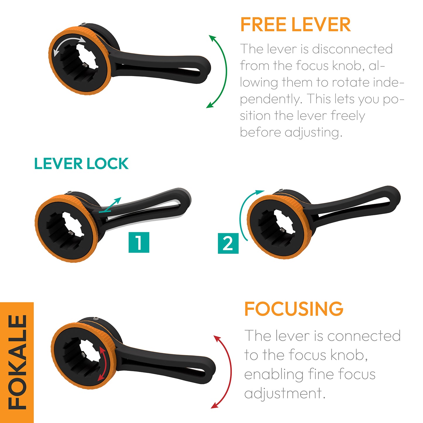 Focus knob lever showing free lever and lever lock modes for precision focusing