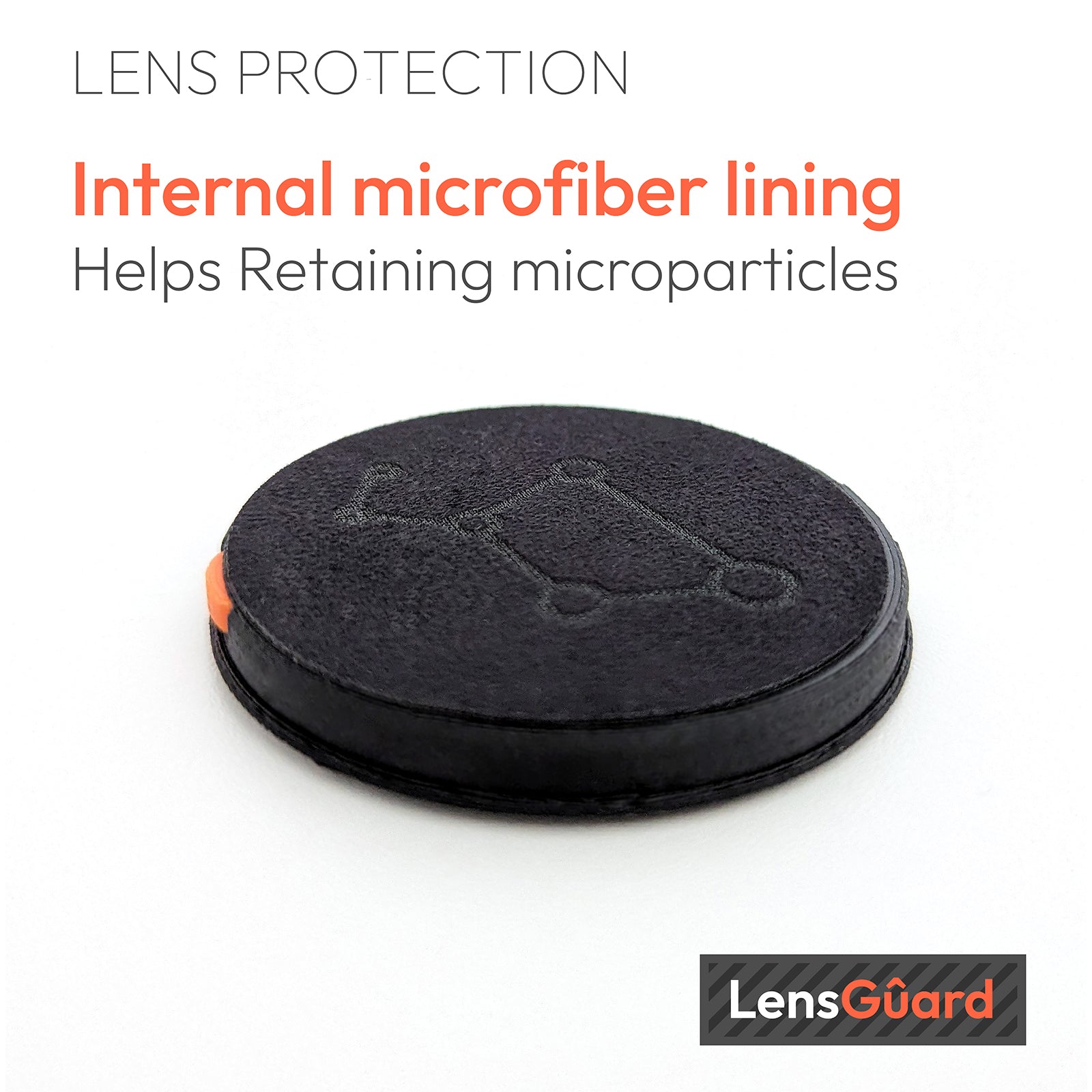 Internal microfiber lining of LensGûard Dust Cover designed to retain microparticles