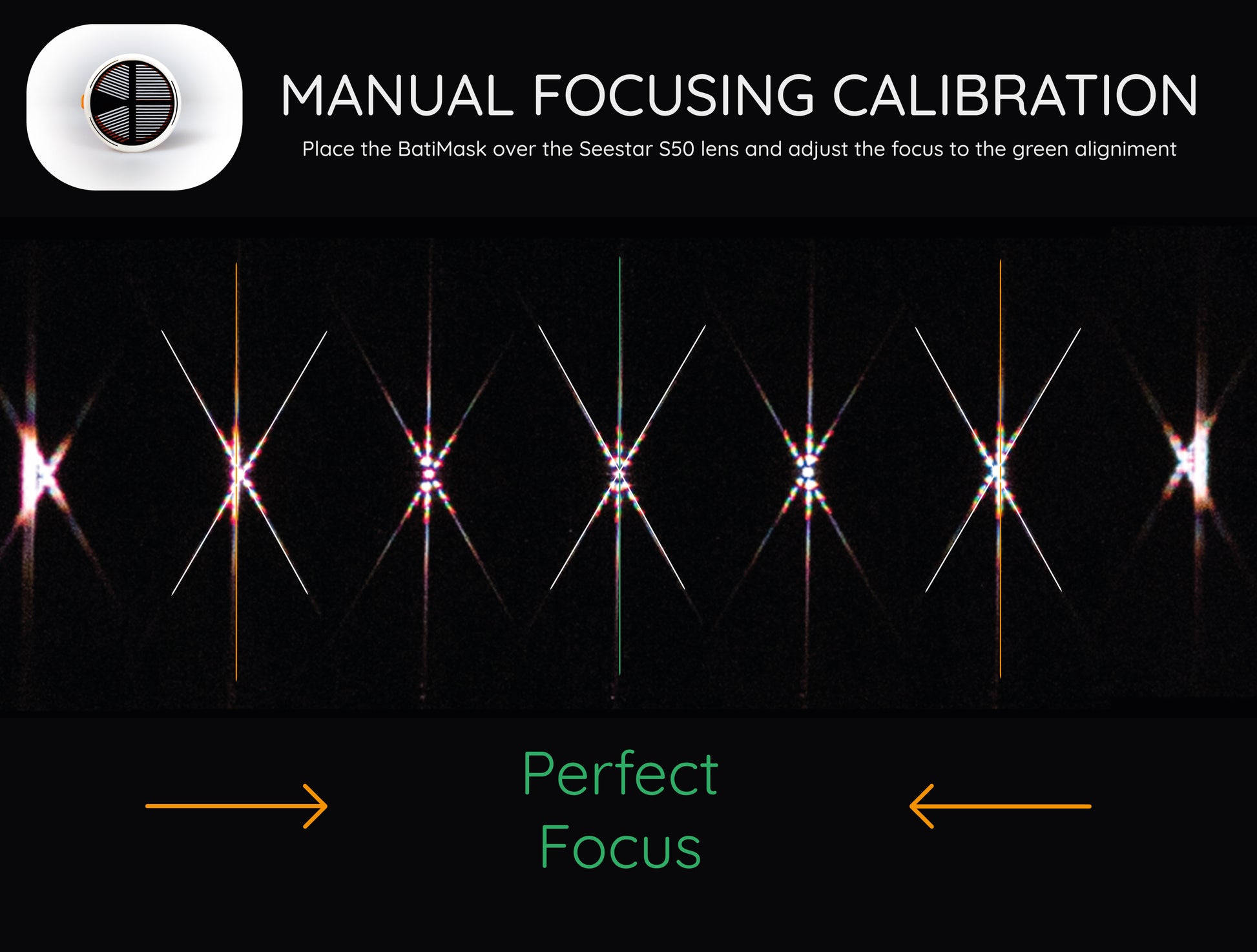 Manual focusing calibration using Bahtinov Mask on Seestar S50 for perfect astrophotography.